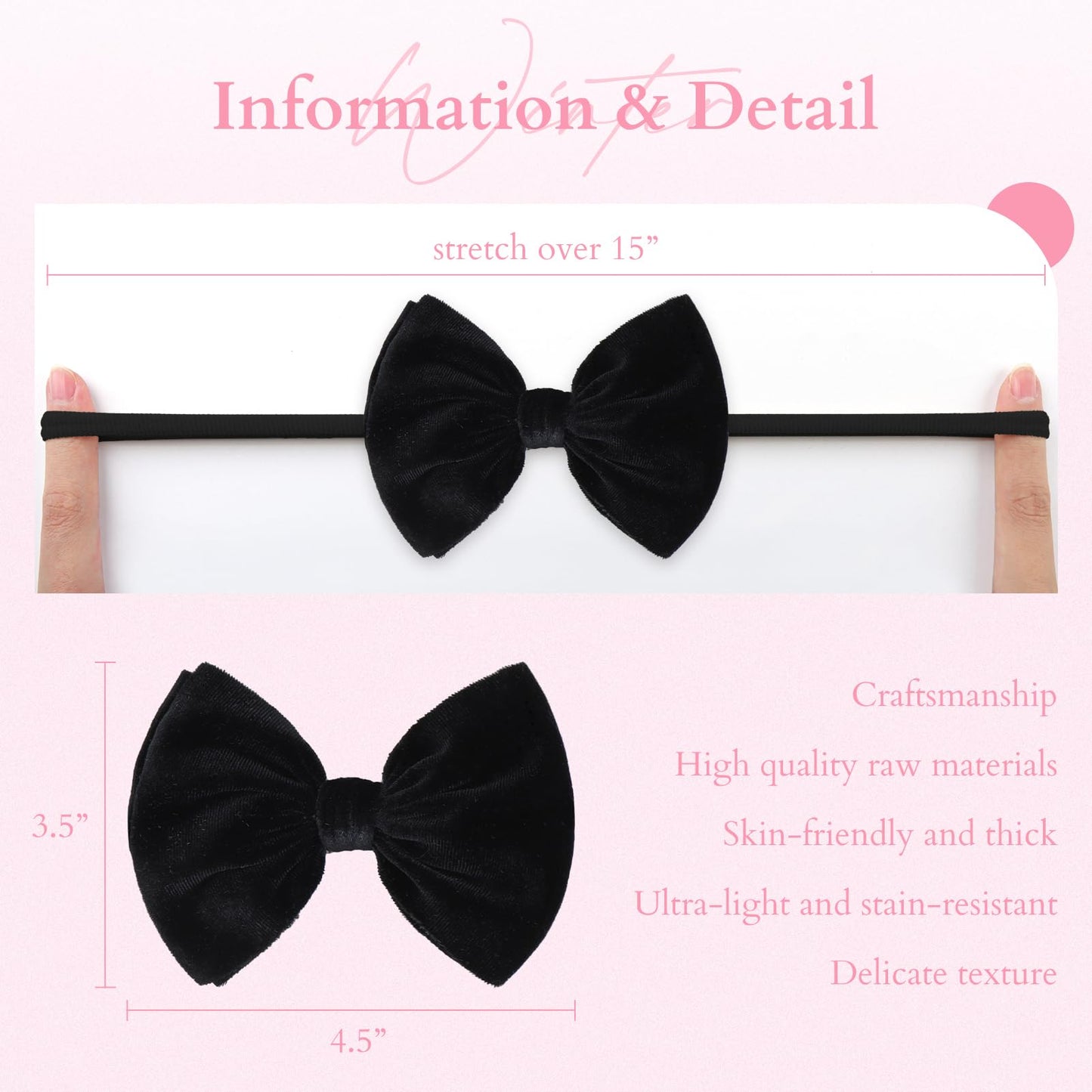 Yanjie Newborn Velvet Nylon Soft Elastics Bows Hairbands And Hair Accessories For Infants, Toddlers, Child (Black White Pink)