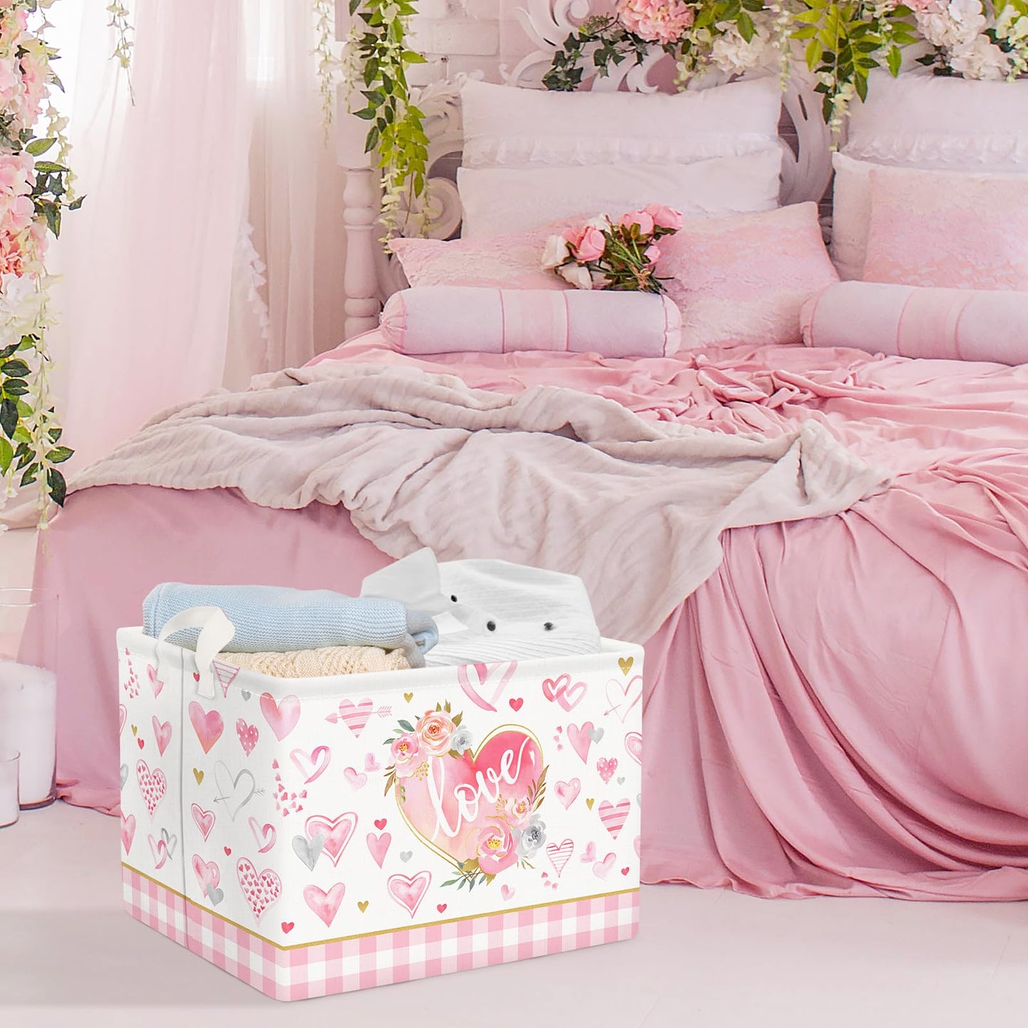 Clastyle Pink Flower Heart Basket Birthday Day Gift Basket Empty Girl Buffalo Plaid Shelf Basket Rectangle Clothes Book Toy Stor