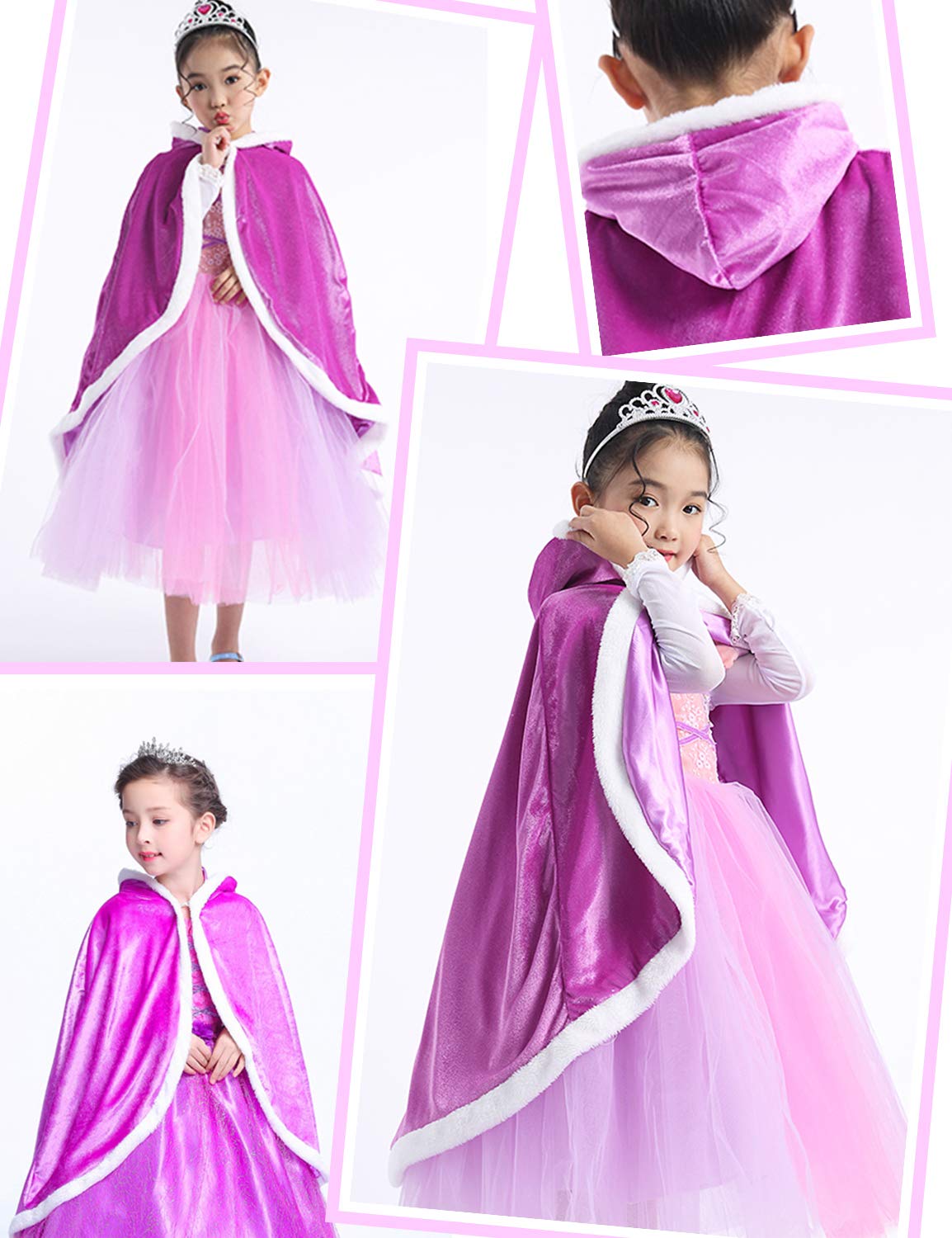 Fur Princess Costume Cape Fur Hooded Cloaks For Girls Dress Up Purple 6-7 Years(130Cm)