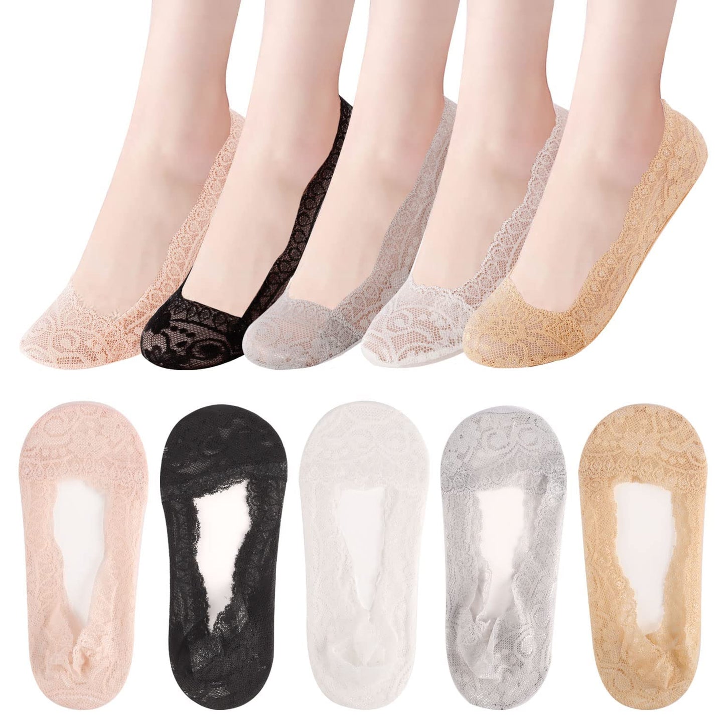 Myynti Women Lace Invisible No Show UltraLow Cut Boat NonSlip Liners Socks With Silicone Strips Free Size Multicolor 3 Pair