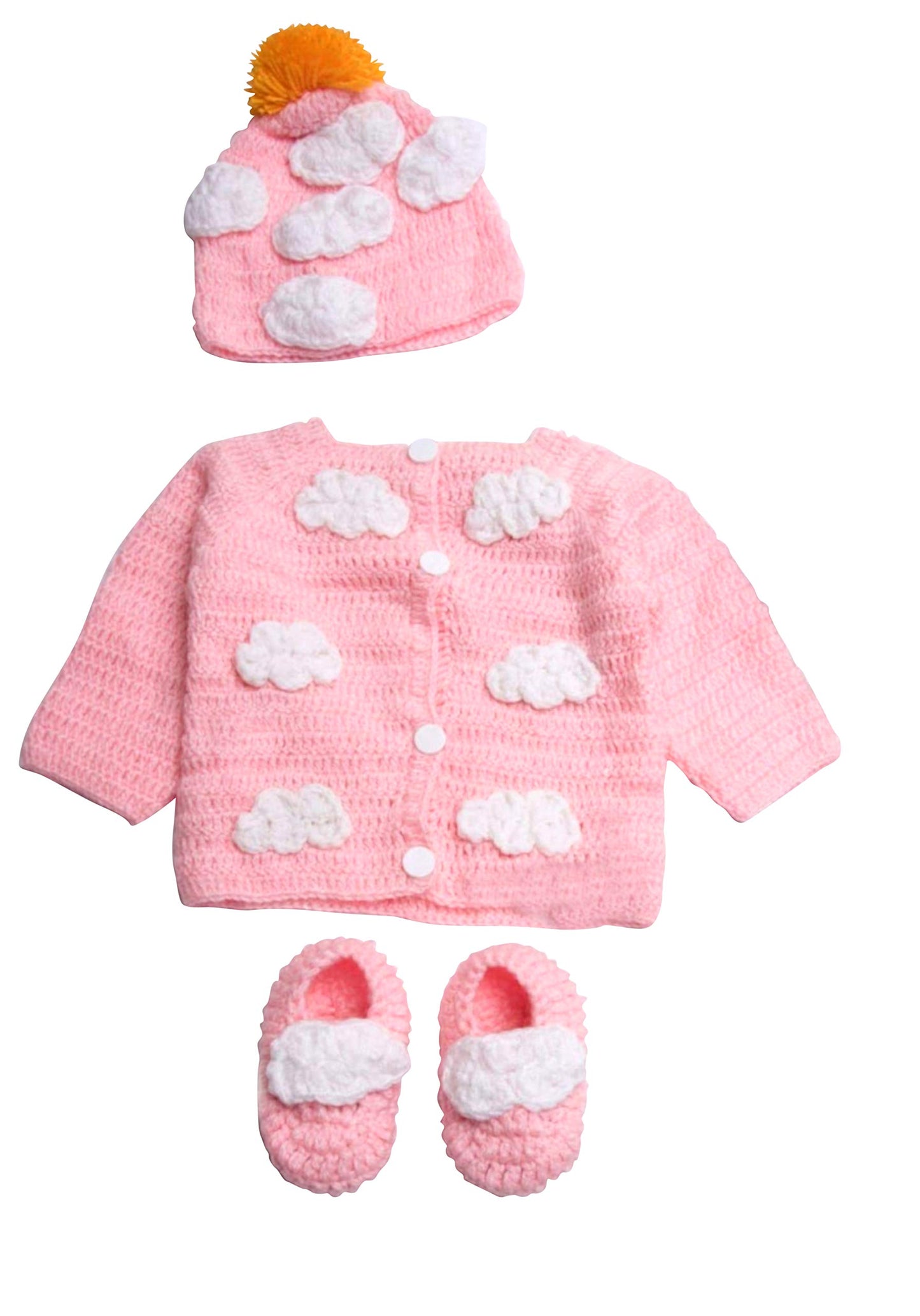 Newborn Cozy Warm Baby Sweater Set -Hand Made Baby Crochet Outfit -Pink/Blue Knit Cardigan With Booties & Hat Gift Set (6-12 Mon