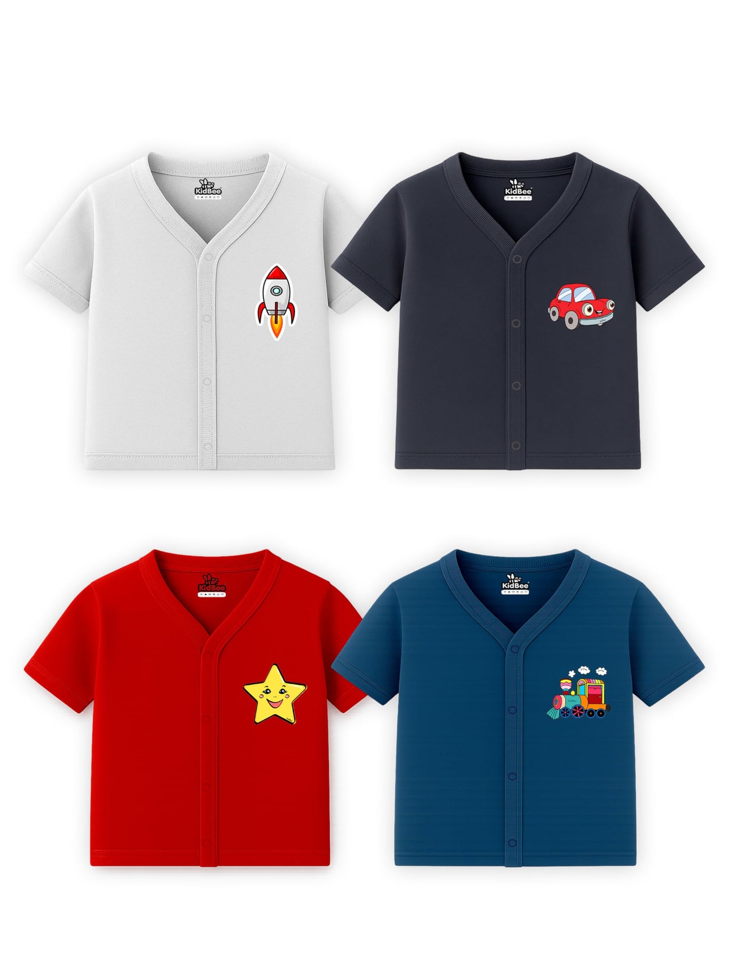 Kidbee Baby Soft Cotton Half Sleeve Front Open Jabla Top  Pack of 4 | VNeck Button Style with Cute Printed Chest Graphics (in,