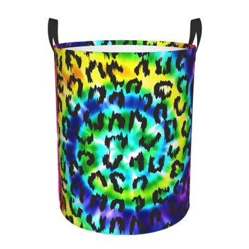 Gbuzozie Leopard Round Laundry Hamper Rainbow Tie Dye Storage Basket Toys Clothes Organizer Bin For Home Bathroom Bedroom Dorm N