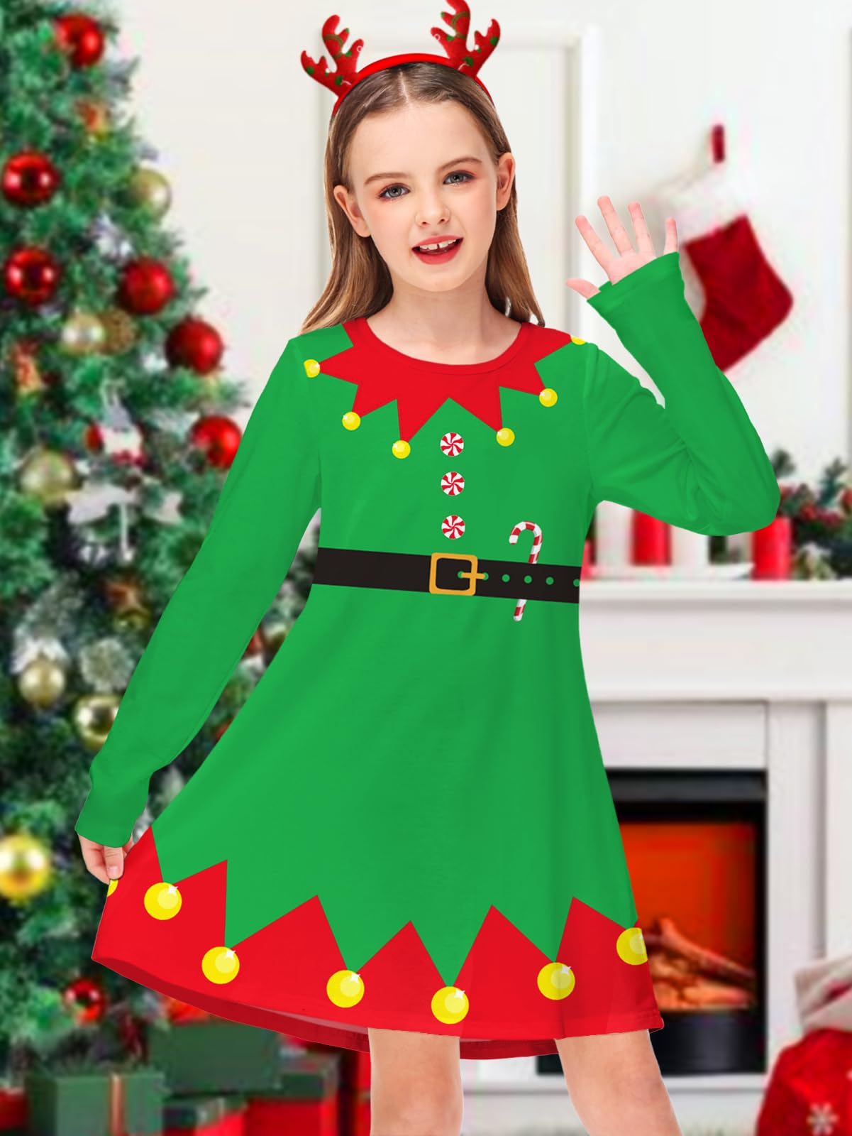 Kids Christmas Long Sleeve Dress Girls Cute Elf Outfits Xmas Party Green Aline Dresses 7-8 Years