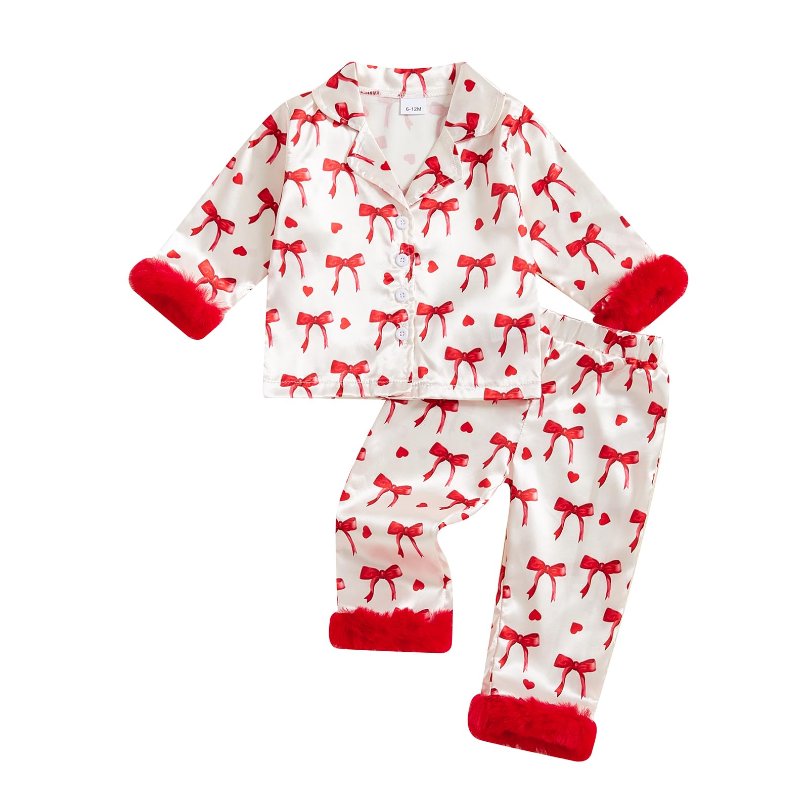 DuAnyozu Toddler Baby Girl Satin Valentines Pajamas Set Feather Trim Heart Print Little Girl Valentines Pjs Spring Clothes (Red 