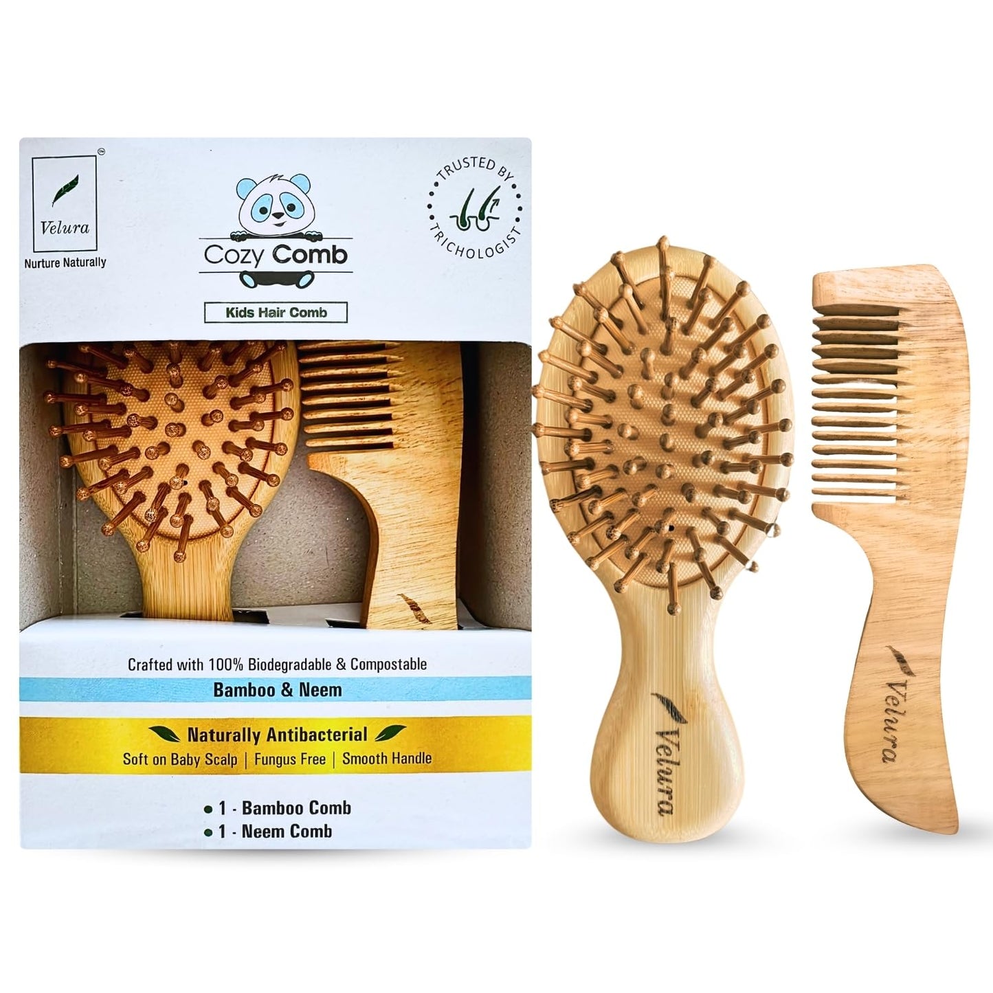 Velura Baby Hair Comb For New Born & Toddler | 2 Piece Hair Brush Set | Soft Natural And Rounded Bristles Made Up Of Bamboo & Ne