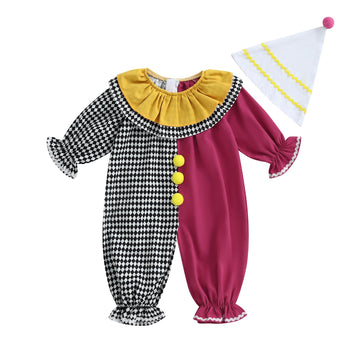 Aiwpstoin Toddler Baby Clown Costume Boy Girl Funny Halloween Outfit Contrast Color Long Sleeve Jumpsuit with Hat (Black, 2-3T)