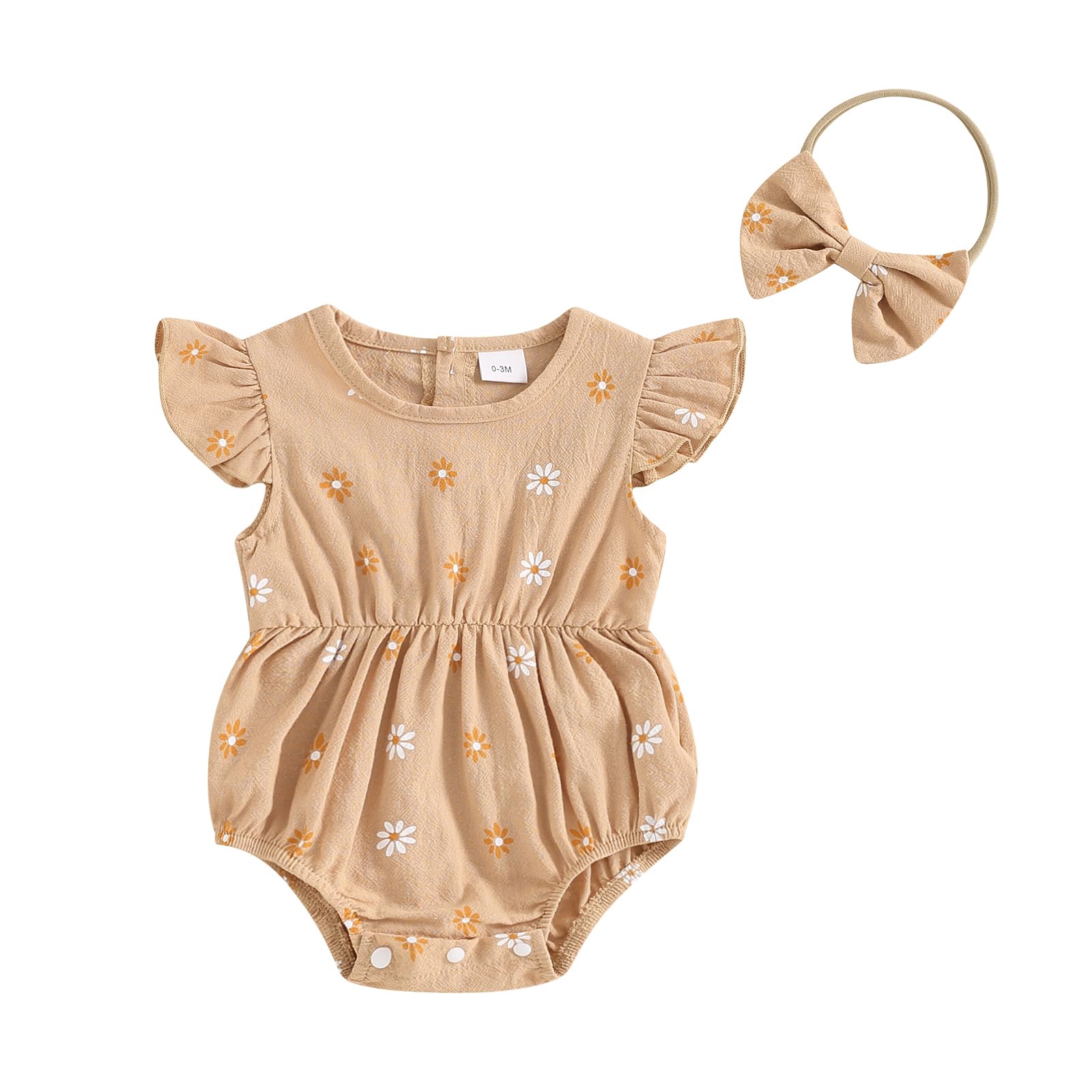 Fomoyuu Newborn Baby Girls Daisy Printed Clothes Pleated Ruffled Sleeve Bubble Romper Cute Summer Outfit With Headband (Khaki, 0