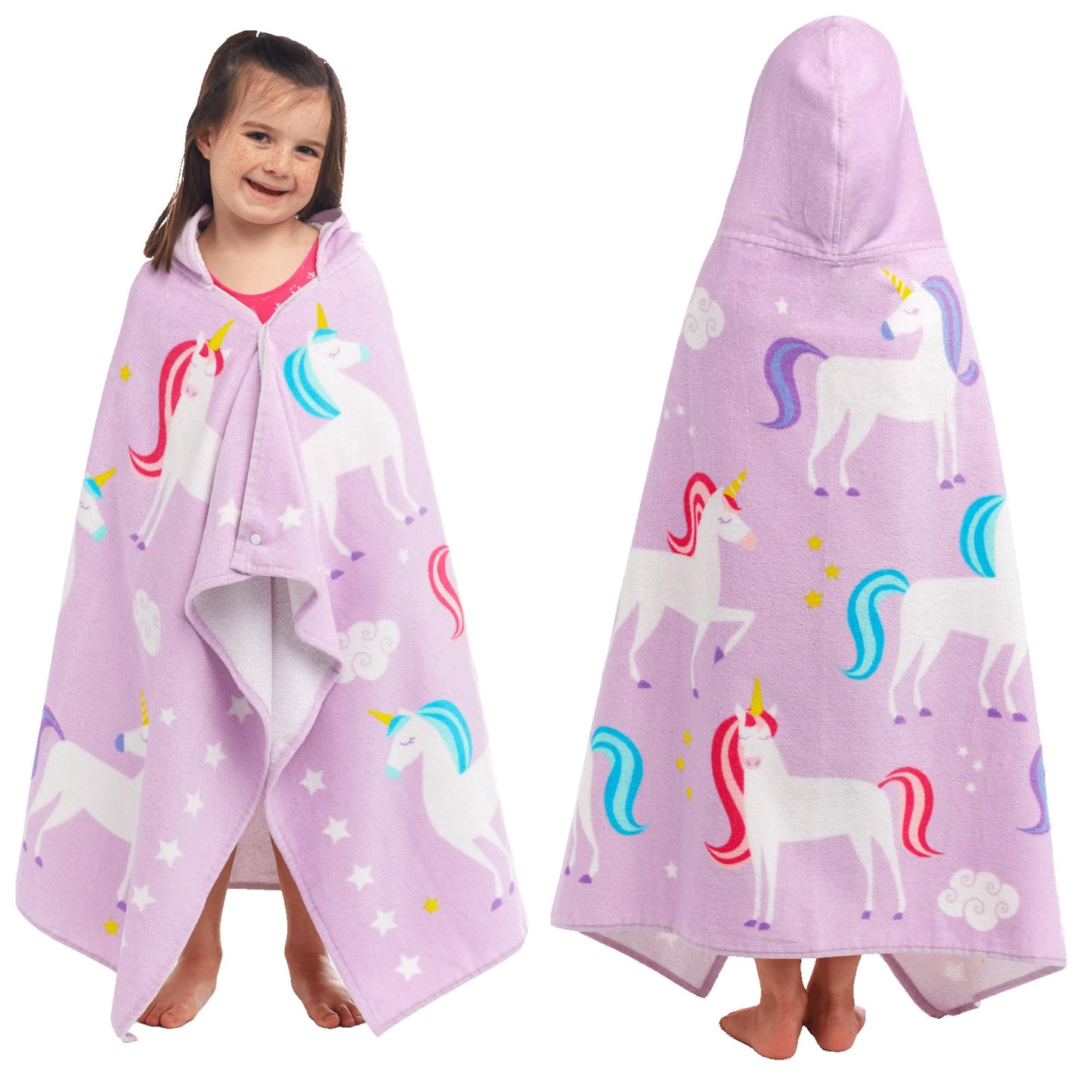 Wildkin Kids Hooded Beach Towel - 100% Cotton, Snap Front for Bath, Pool & Beach - Unicorns