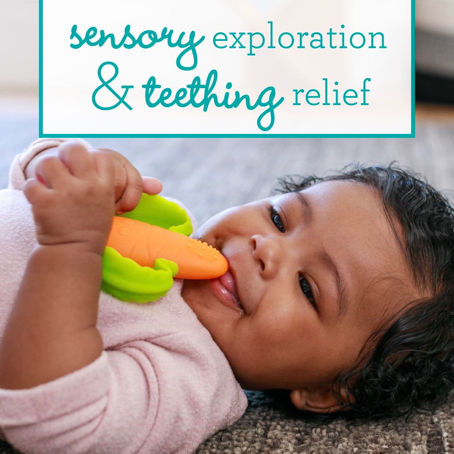 Infantino Lil Nibbles Textured Silicone Baby Teether - Sensory Exploration and Teething Relief with Easy to Hold Handles, Orang