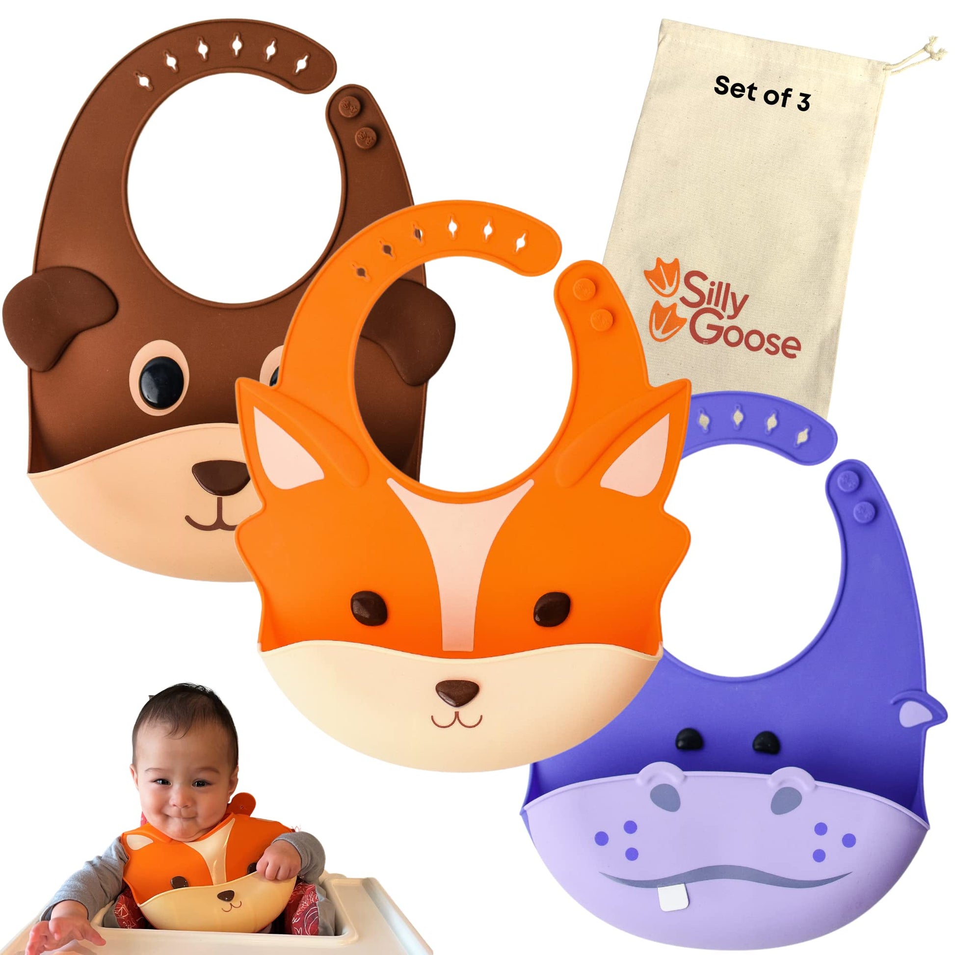Silly Goose Set Of 3 Silicone Animal Baby Bibs For Babies And Toddlers, Waterproof, Adjustable, Soft, Extra Wide Food Catcher Po