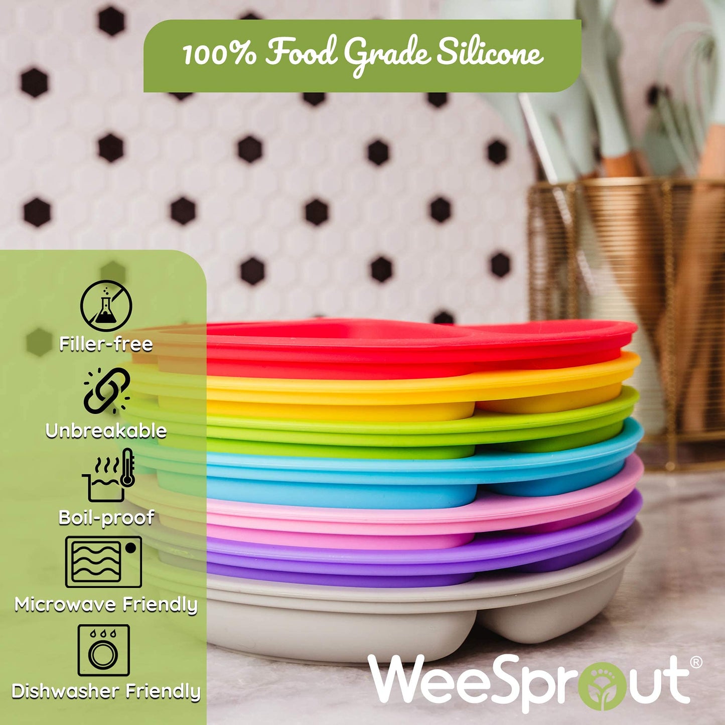Weesprout Suction Plates For Babies & Toddlers | 100% Silicone | Plates Stay Put With Suction Feature | Divided Design | Microwa