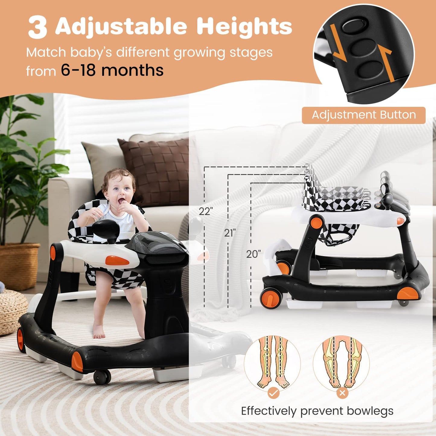 Honey Joy Baby Walker, Foldable Push Learning Walker Toy-Seated & Walk-Behind With Wheels, Adjustable Height, High Back Padded S