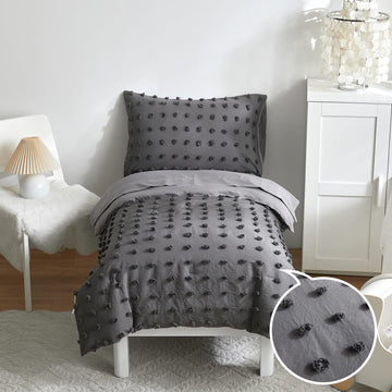 4 Pieces Tufted Dots Toddler Bedding Set Solid Grey Jacquard Pom Pom Tufts, Soft And Embroidery Shabby Chic Boho Design For Baby