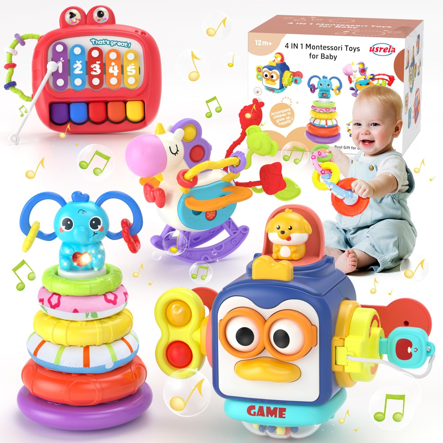 4 in 1 Baby Toy for 6 12 18 Month, Learning Toys for Babies 6-12 Months, Baby Busy Cube Toys, Stacking Toys, Unicorn Pull String