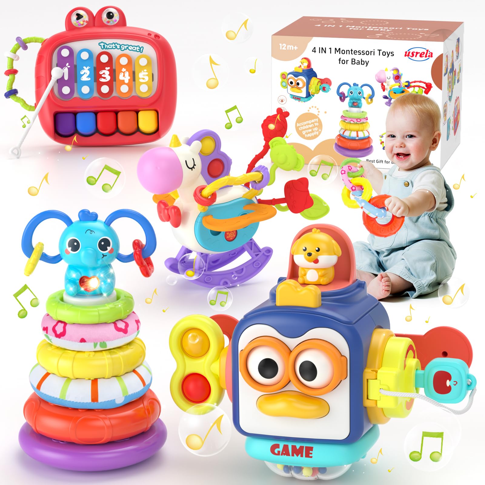 4 in 1 Baby Toy for 6 12 18 Month, Learning Toys for Babies 6-12 Months, Baby Busy Cube Toys, Stacking Toys, Unicorn Pull String