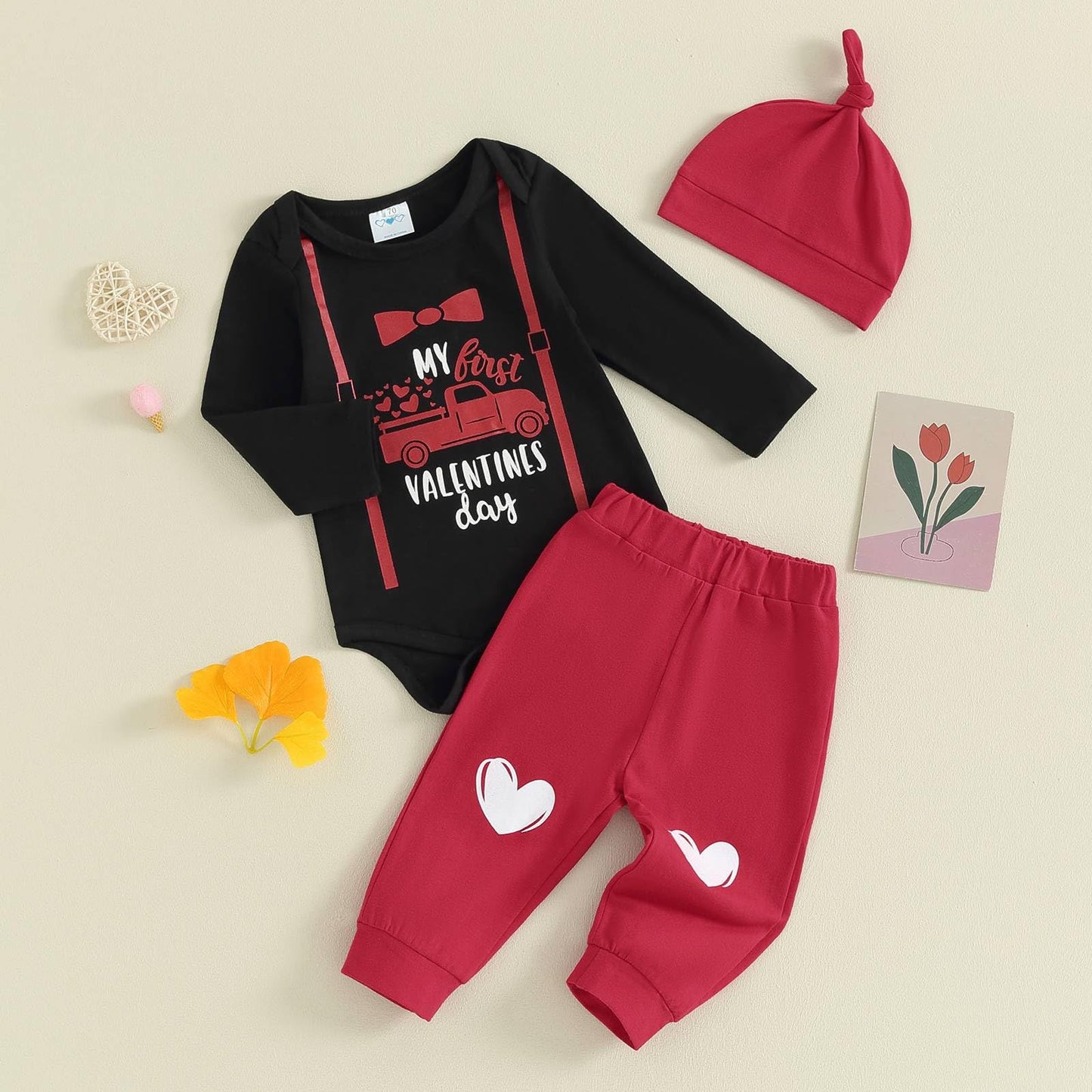 Infant Baby Boy Valentines Day Outfit Infant Valentines Outfit Boy Long Sleeve Romper Onesie Jogger Pants Set(A-Black,3-6 Months