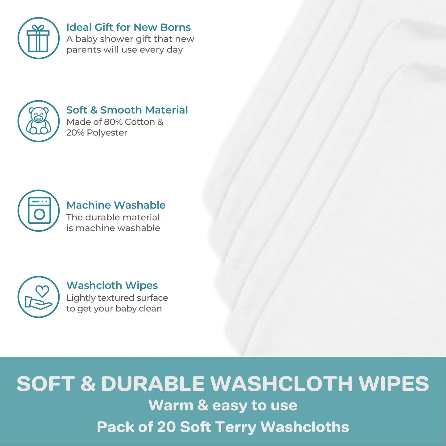 Spasilk Washcloth Wipes Set For Newborn Boys And Girls, Soft Terry Washcloth Set, Pack Of 20, White