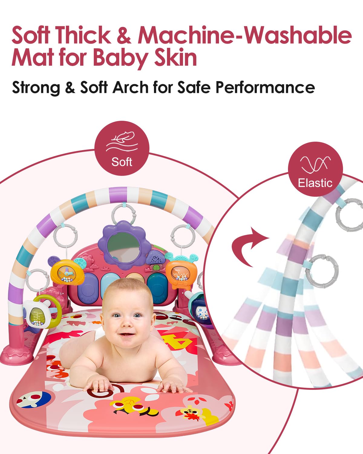 Dearlomum Baby Play Mat Baby Gym,Funny Play Piano Tummy Time Baby Activity Mat With 5 Infant Sensory Baby Toys, Music And Lights