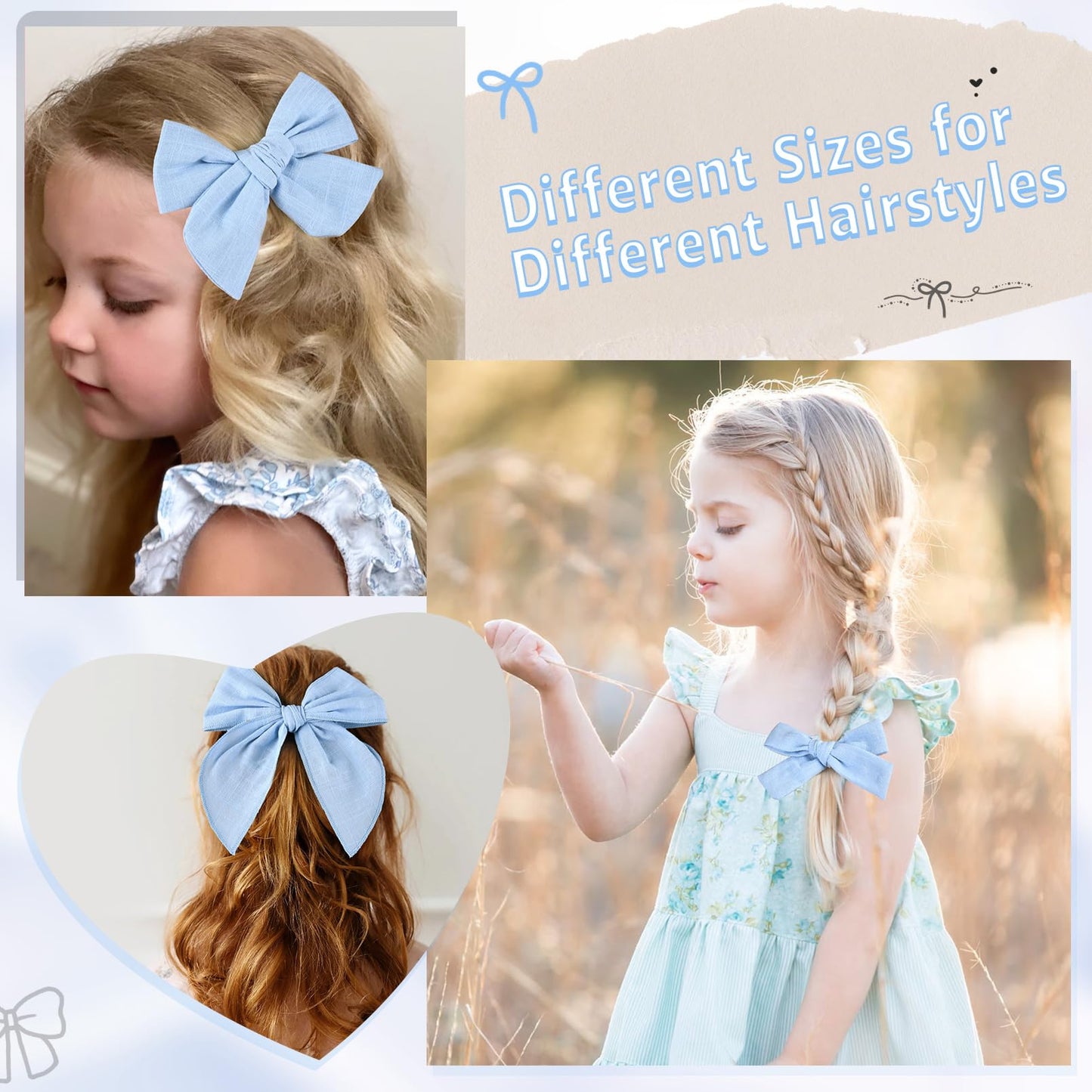 Deeka 4 Pcs Blue Cotton Linen Hair Bows 3 Styles 5' & 4' Handmade Hair Bow Set For Toddler Girls Alligator Hair Clips Knot Bow