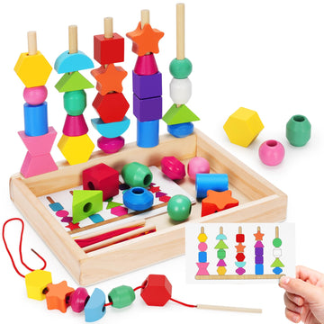 TooyBing Montessori Wooden Lacing Beads Toys for 2 3 4 Year Old Toddler Kids, Sequencing & Stacking Block Toy with Storage Box, 