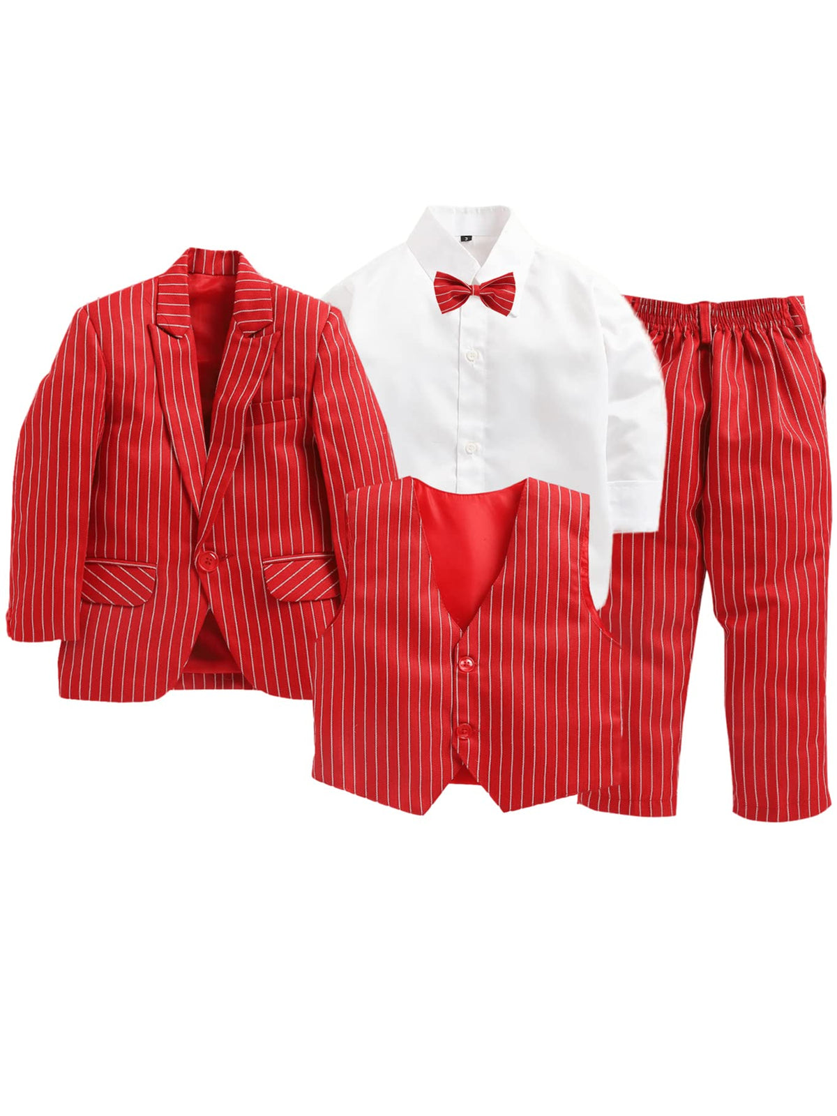 Jeetethnics Boys Red Striped Coat Suit Set With Waistcoat Shirt And Trousers (9077Ahh)