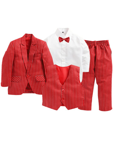 Jeetethnics Boys Red Striped Coat Suit Set With Waistcoat Shirt And Trousers (9077Ahh)