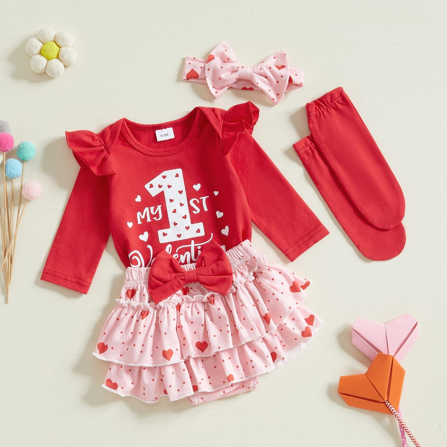 Beqeuewll Baby Girl Valentines Day Outfits Letter Print Long Sleeve Romper Tutu Skirt Headband Set Newborn Baby Girls Clothe (1S