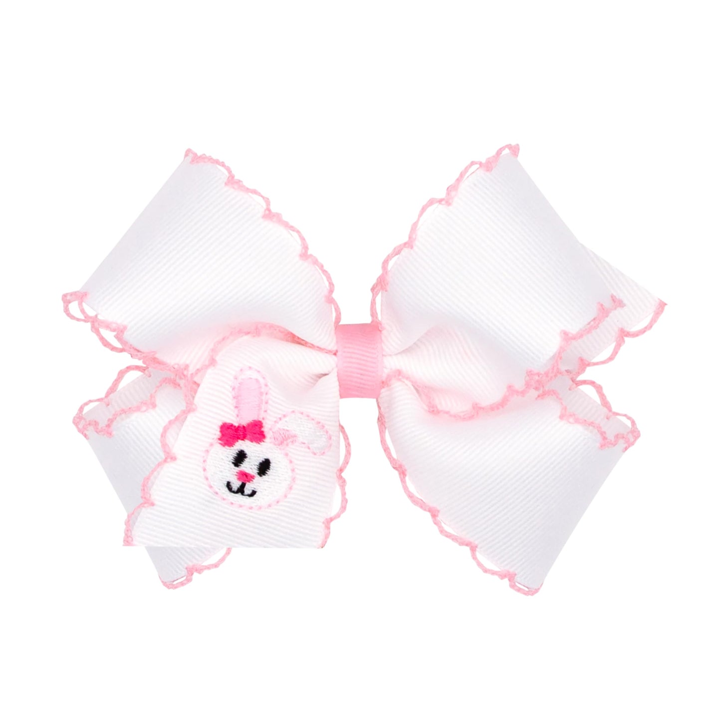 Wee Ones Girls' Easter Embellished Grosgrain Bow With Moonstitch Edge On A Weestay Clip, Handmade, Medium, Bunny Face Embroidery