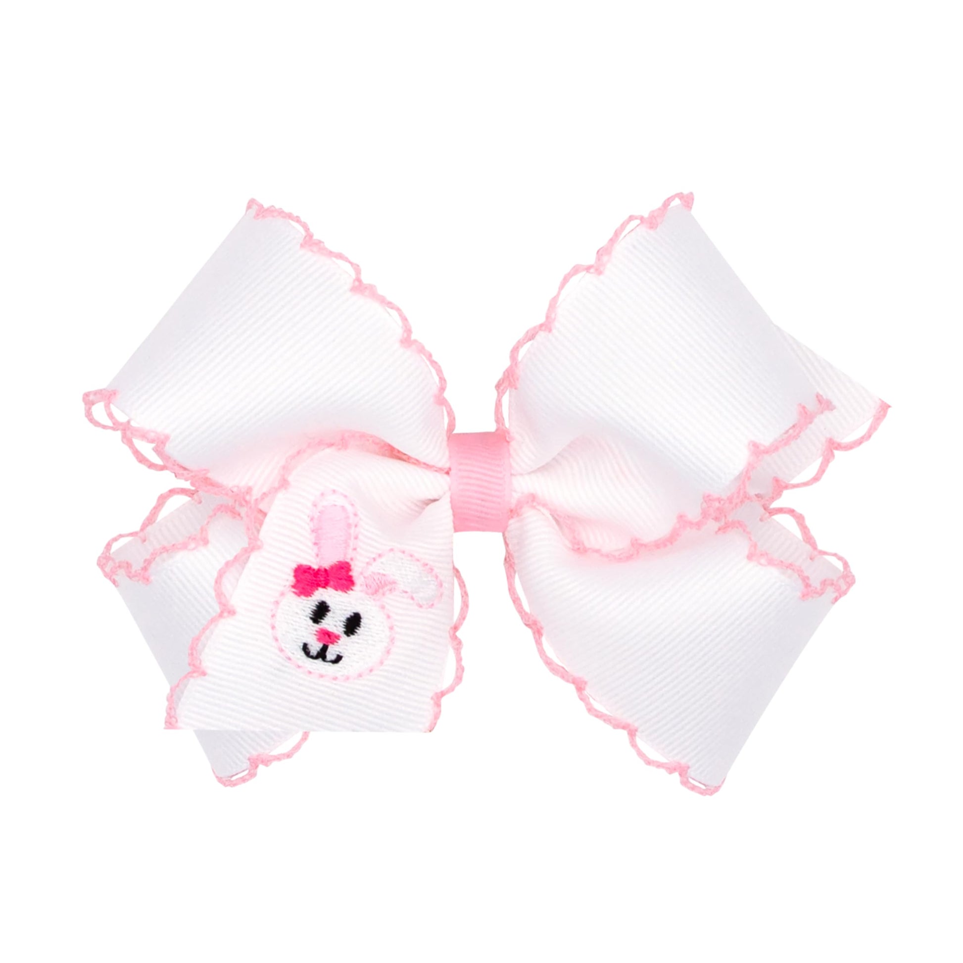 Wee Ones Girls' Easter Embellished Grosgrain Bow With Moonstitch Edge On A Weestay Clip, Handmade, Medium, Bunny Face Embroidery