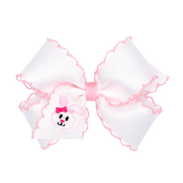 Wee Ones Girls' Easter Embellished Grosgrain Bow With Moonstitch Edge On A Weestay Clip, Handmade, Medium, Bunny Face Embroidery