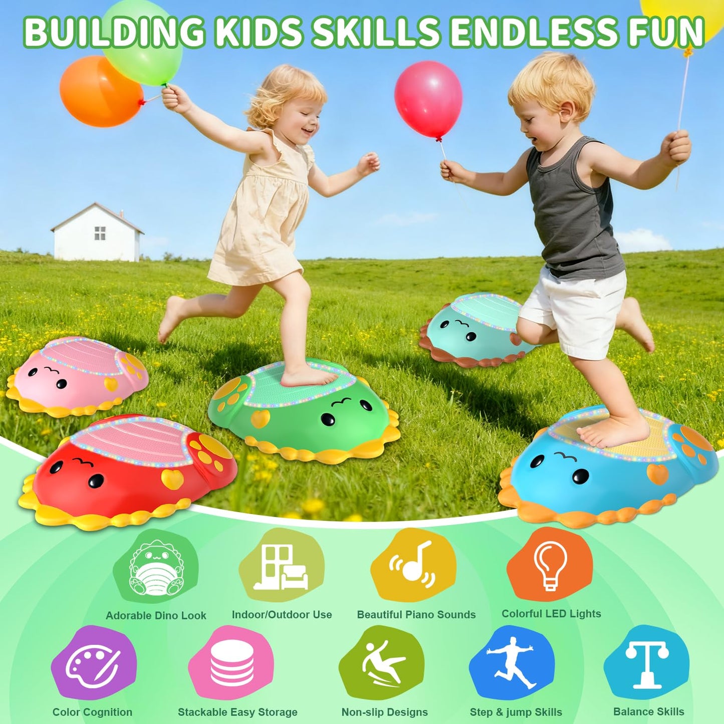 Toys Stepping Stones for Kids Toddler: 5Pcs Upgraded Light up & Music Non-Slip Sensory Balance Toys with 5 Rechargeable Batterie