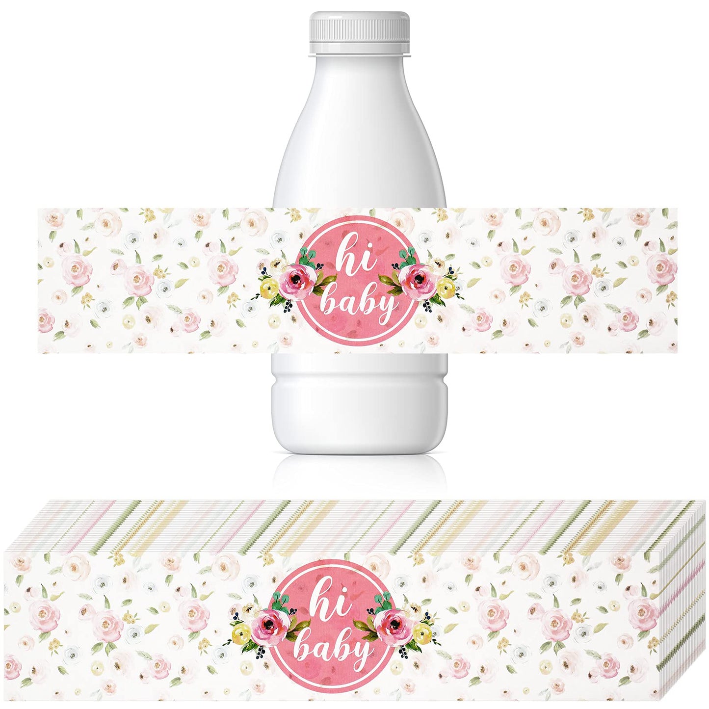 Zonon 48 Pieces Pink Baby Shower Water Bottle Labels Floral Baby Shower Decorations Waterproof Water Bottle Stickers Wrappers Fo