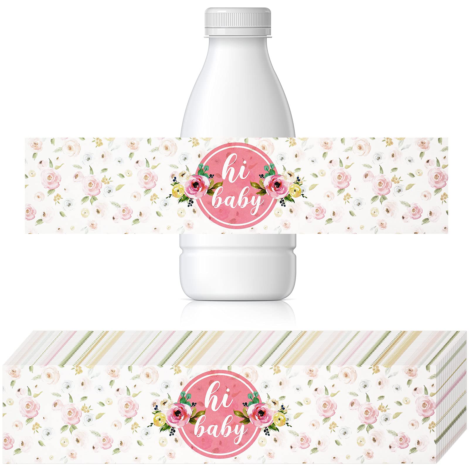 Zonon 48 Pieces Pink Baby Shower Water Bottle Labels Floral Baby Shower Decorations Waterproof Water Bottle Stickers Wrappers Fo