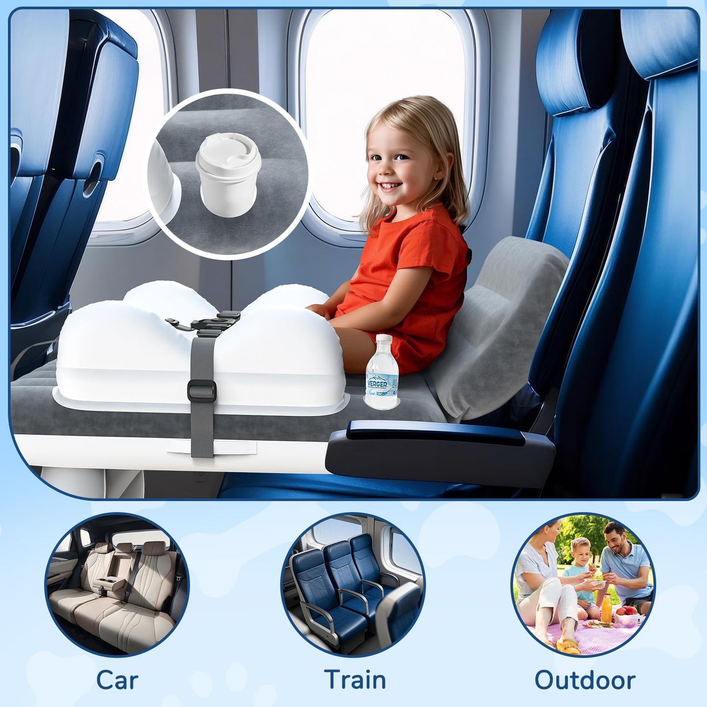 Omzer Inflatable Toddler Airplane Bed: Kids Airplane Bed With Cup Holder & Seat Belt - Portable Baby Travel Bed With Travel Bag