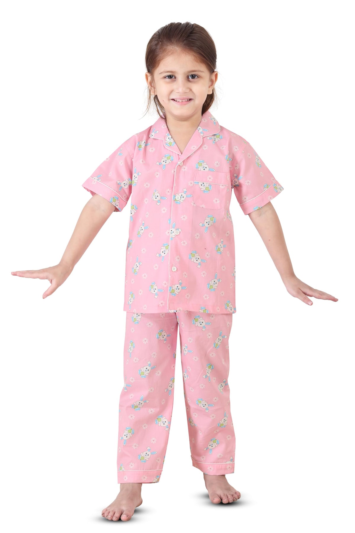 Baby Closet 100% Cotton Night Suit for Kids, Pink Bunny Print, Half Sleeves Shirt and Pajamas for Boys & Girls, Cotton Sleepwear