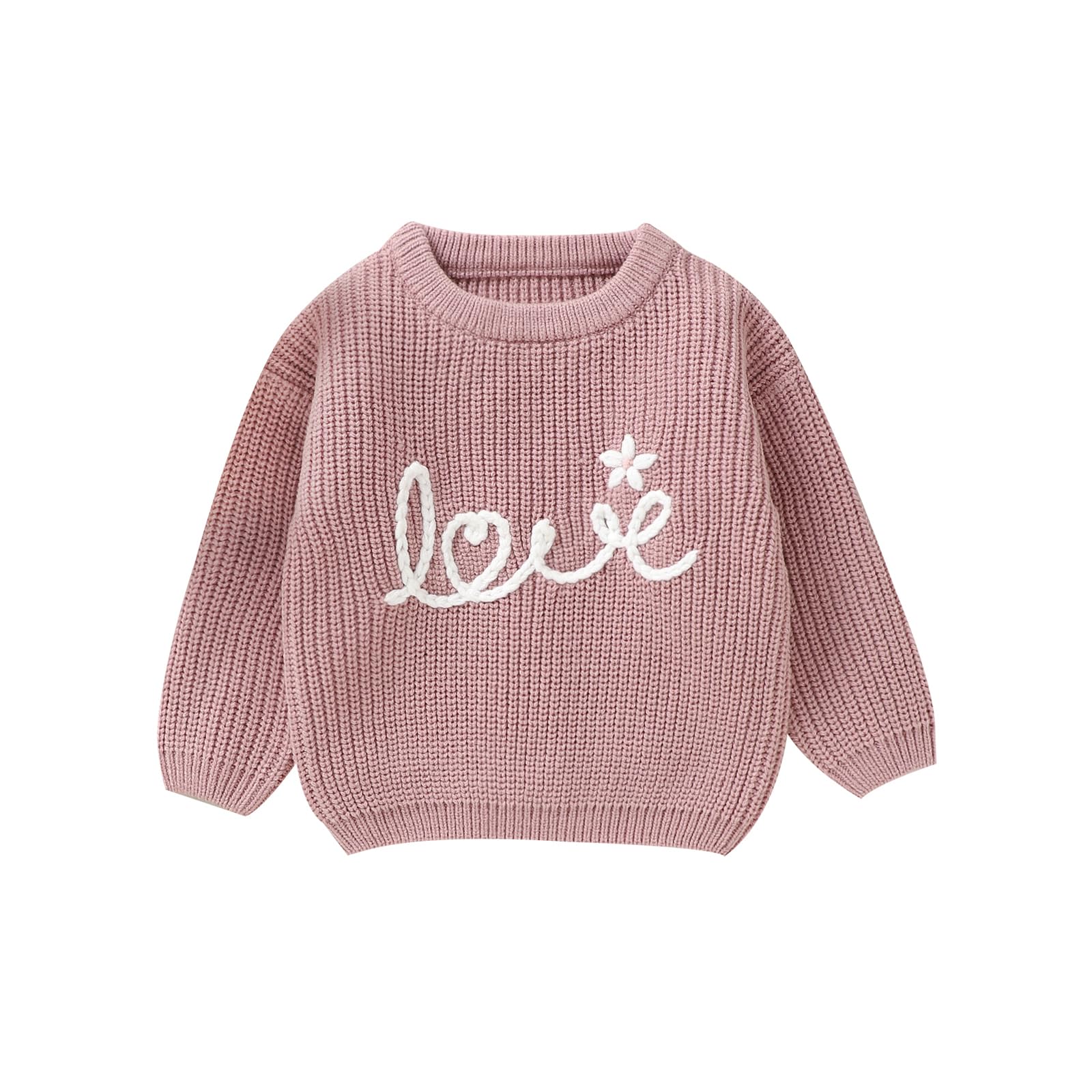 Toddler Girl Valentines Day Sweater Toddler Valentines Day Outfit Love Embroidery Knit Pullover Sweatshirt Top(B-Pink,2-3T)