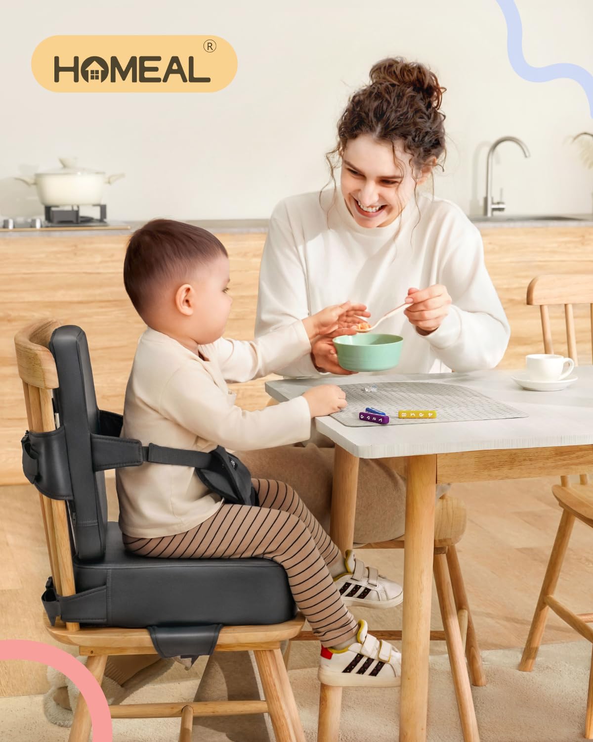 Homeal Booster Seat For Kitchen Chair, Breathable Toddler Booster Seat For Dining Table With Backrest And Adjustable Straps, Por