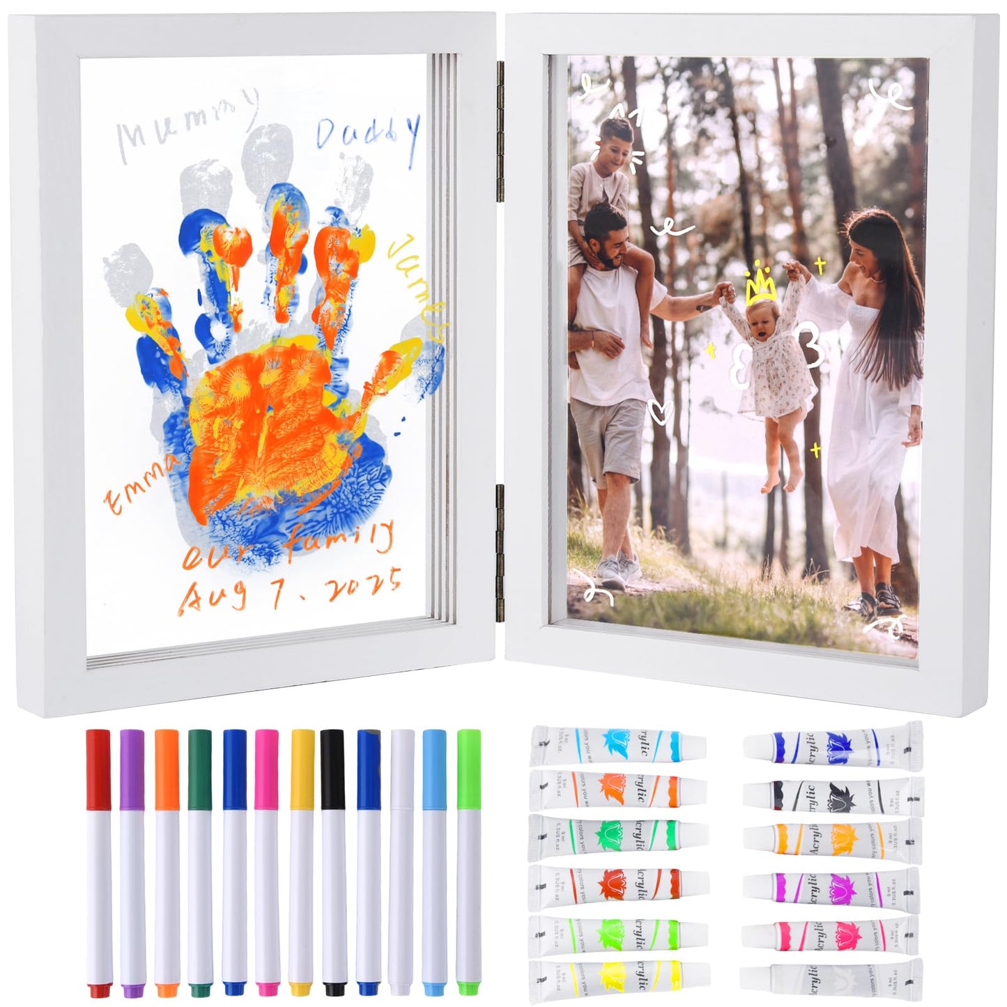 Cepairng Family Handprint Photo Frame with 12 Paints & 12 Pens, 5 Transparent Sheets, Christmas Gifts for Mom Dad Grandparents f