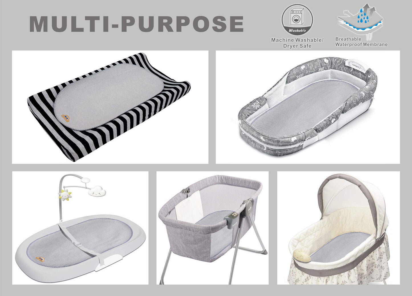 Bluesnail Waterproof Changing Pad Liners 3 Count (14'X26.5', Gray) Bassinet Pad Liner