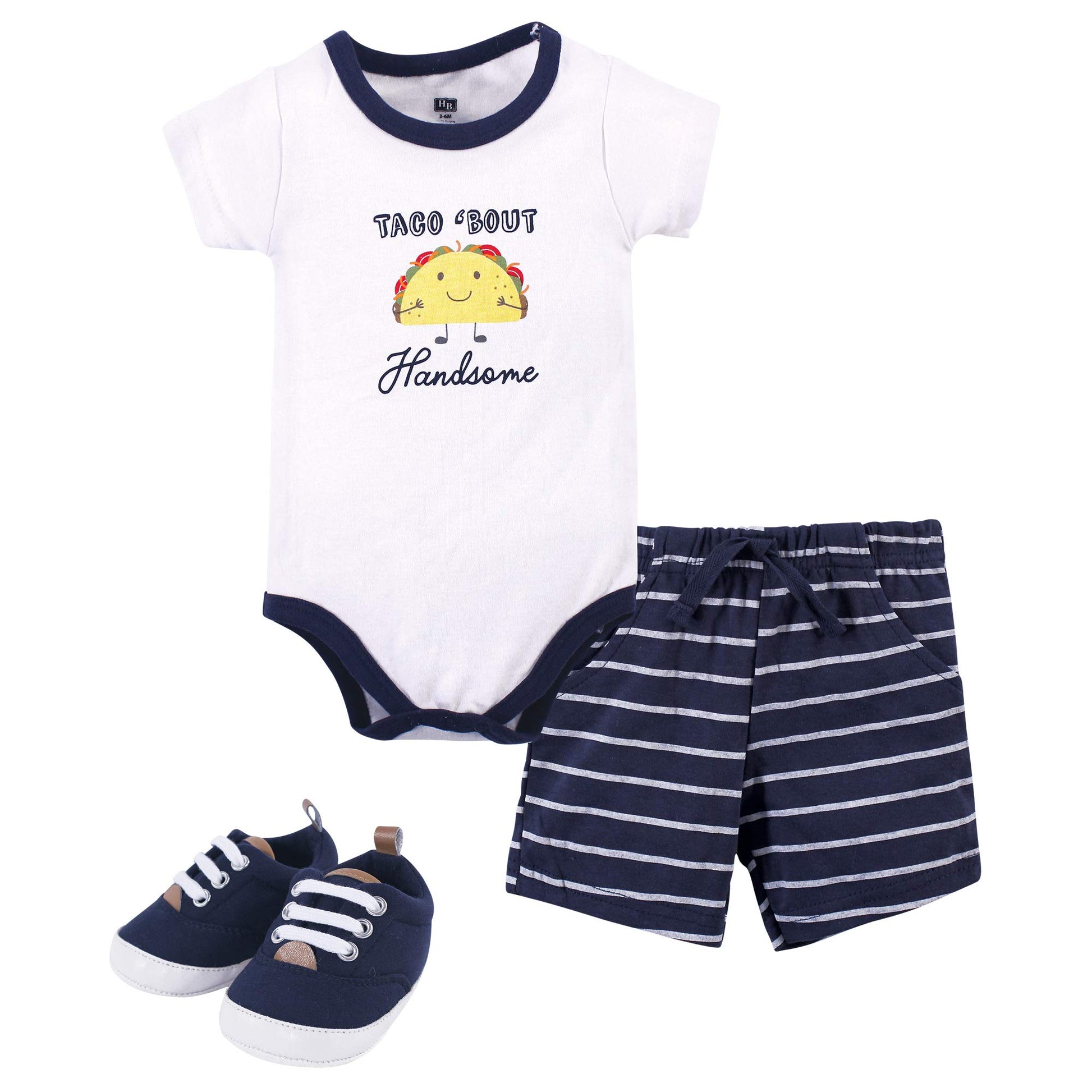 Hudson Baby Unisex Baby Cotton Bodysuit, Shorts And Shoe Set, Handsome Taco, 3-6 Months
