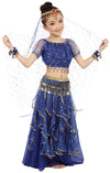 Girls Belly Dance Top Skirt Set Halloween Costume With Head Veil,Waist Chain Dark Blue