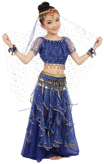 Girls Belly Dance Top Skirt Set Halloween Costume With Head Veil,Waist Chain Dark Blue
