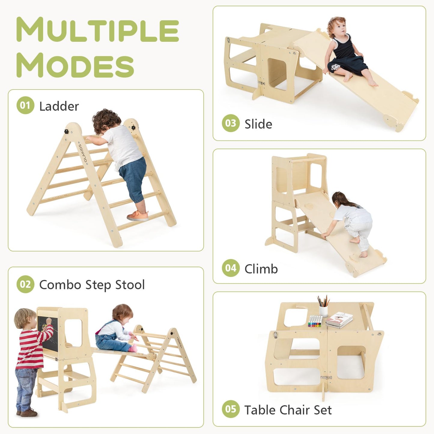 Olakids Climbing Toys For Toddlers, 8 In 1 Foldable Wood Pikler Montessori Jungle Gym With Toddler Tower Angle Adjustable Ladder