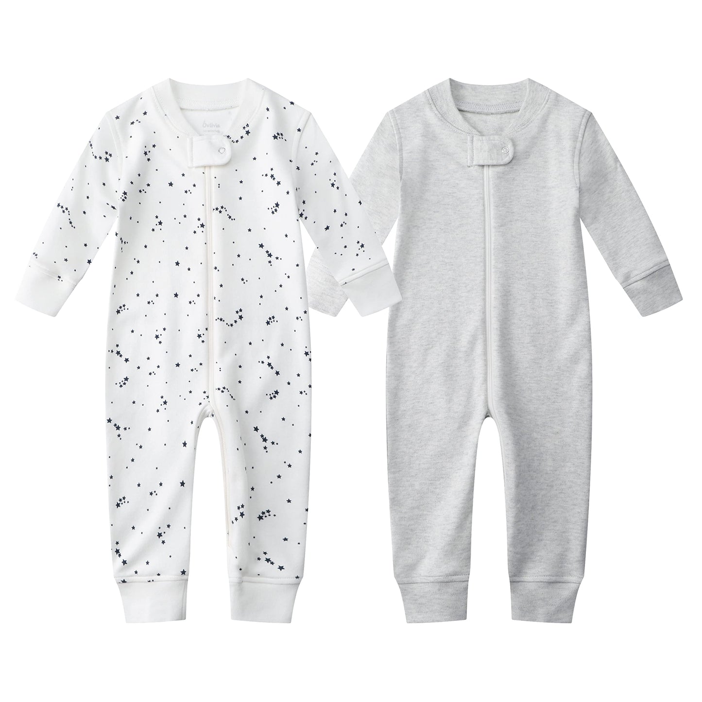 Owlivia Organic Cotton Baby Boy Girl 2 Pack Zip Up Sleep N Play, Footless, Long Sleeve(0-3 Months, Gray Melange+Blue Star)