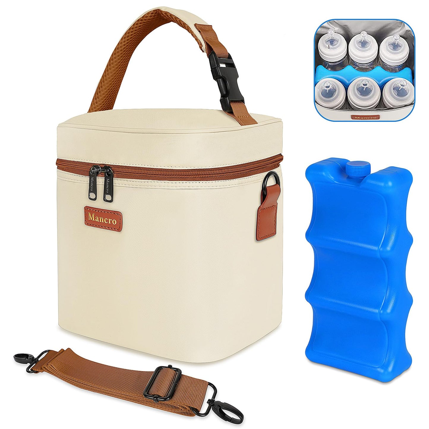 Mancro Breast Milk Cooler Travel Bag with Ice Pack, Insulated Baby Bottle Bag Fits for 6 Baby Bottles Up to 9 Ounce with Detacha