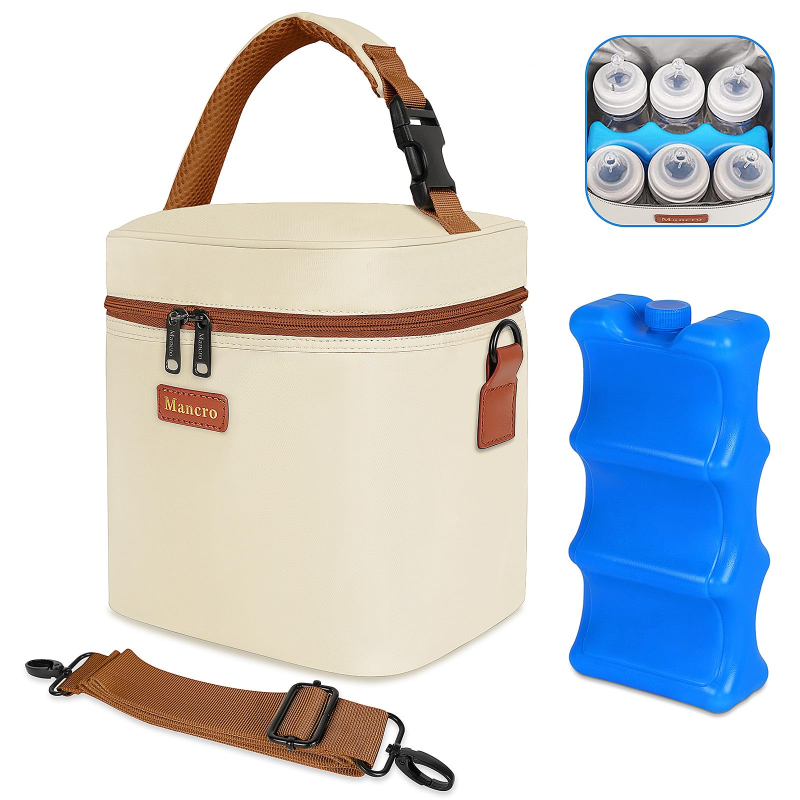 Mancro Breast Milk Cooler Travel Bag with Ice Pack, Insulated Baby Bottle Bag Fits for 6 Baby Bottles Up to 9 Ounce with Detacha