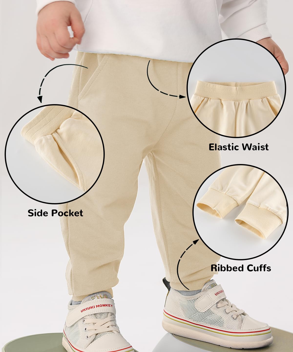 Gfqlong Toddler Boys 3 Pack Cotton Active Jogger Sweatpants,Kids Casual Athletic Solid Pocket Pull On Pants,Beige+ Grey+ Water B