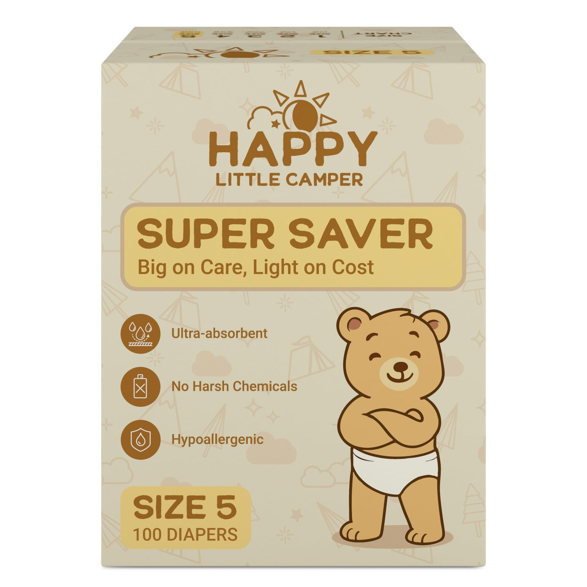 Happy Little Camper Super Saver Diapers, Size 5, 100 Count | Budget-Friendly Disposable Baby Diapers for Sensitive Skin | Hypoal
