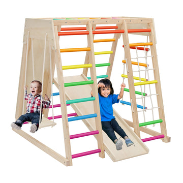 Edostory 7 In 1 Pikler Indoor Playground Jungle Gym Playset, Wooden Montessori Climber With Slide, Rock Climb Wall, Monkey Bars,
